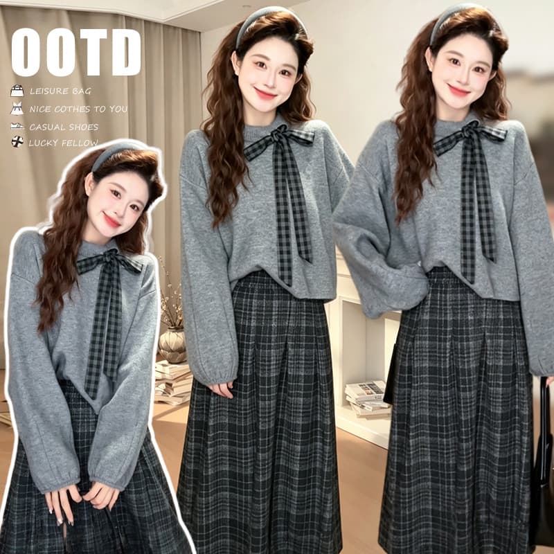 지금 지금 빅 사이즈 벨트 리본 스웨터 반신 스커트 투피스 세트 착용 가져 가라. 이른 가을 한 부서 품격 패션 가을 겨울 맨위