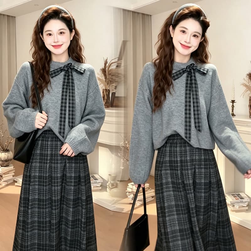 지금 지금 빅 사이즈 벨트 리본 스웨터 반신 스커트 투피스 세트 착용 가져 가라. 이른 가을 한 부서 품격 패션 가을 겨울 맨위 이미지 4