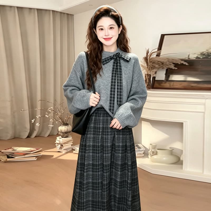 지금 지금 빅 사이즈 벨트 리본 스웨터 반신 스커트 투피스 세트 착용 가져 가라. 이른 가을 한 부서 품격 패션 가을 겨울 맨위 이미지 3