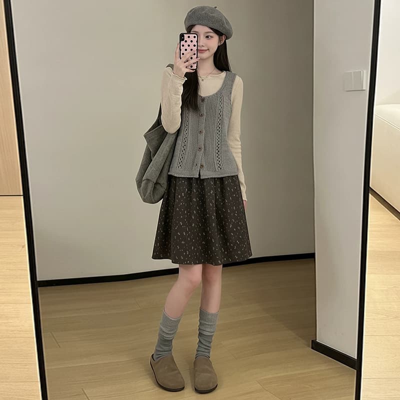지금 지금 한 부서 착용 가져 가라. 스택 착용 니트 캐미솔 꽃무늬 반신 스커트 가을 자이언트 잘 생긴 레트로 3종 세트 이미지 4