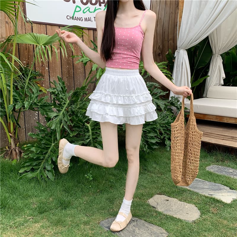 실사 정가 프릴 허리밴드 반 스커트 여성 봄 여름 섹션 작은 키 루즈핏 스택 층 미니 스커트 한 마디 케이크 드레스 상세 이미지 16