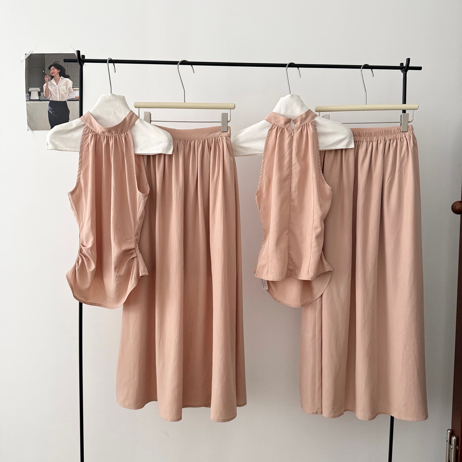 5werkwen 안개 분말 빛 맨 데이 접시 색상 추가 높음 수신 Pleat 반신 스커트 고급 센스 주간 실크 아마 투피스 세트 상세 이미지 9