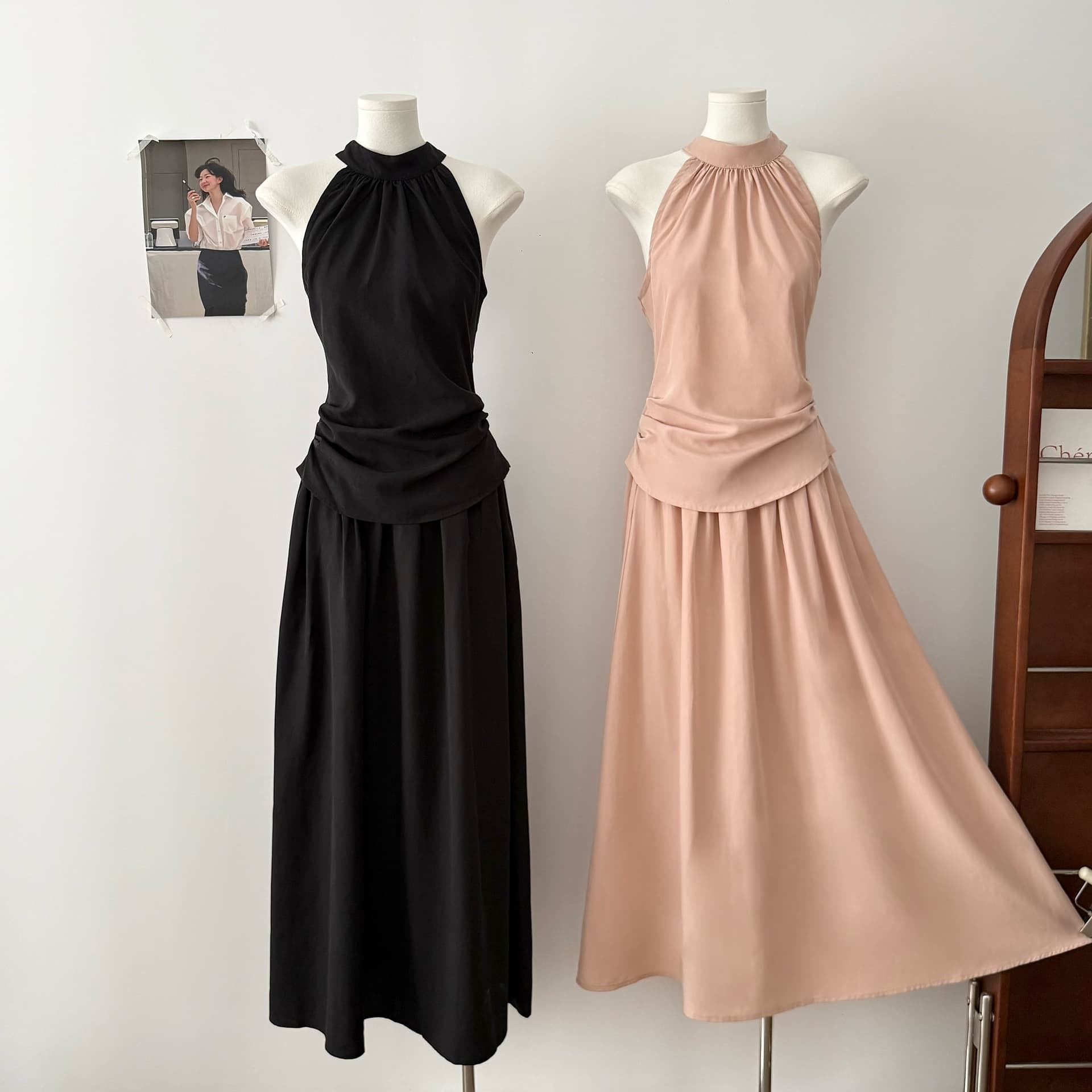 5werkwen 안개 분말 빛 맨 데이 접시 색상 추가 높음 수신 Pleat 반신 스커트 고급 센스 주간 실크 아마 투피스 세트 상세 이미지 28