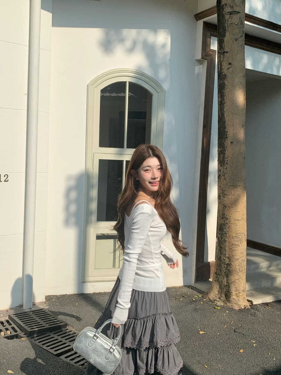 정가 실사 느긋한 몸매 가꾸기 대 u 칼라 기본 셔츠 하이웨이스트 슬림해 보이는 회색 보라색 프릴 반신 롱 스커트 상세 이미지 9