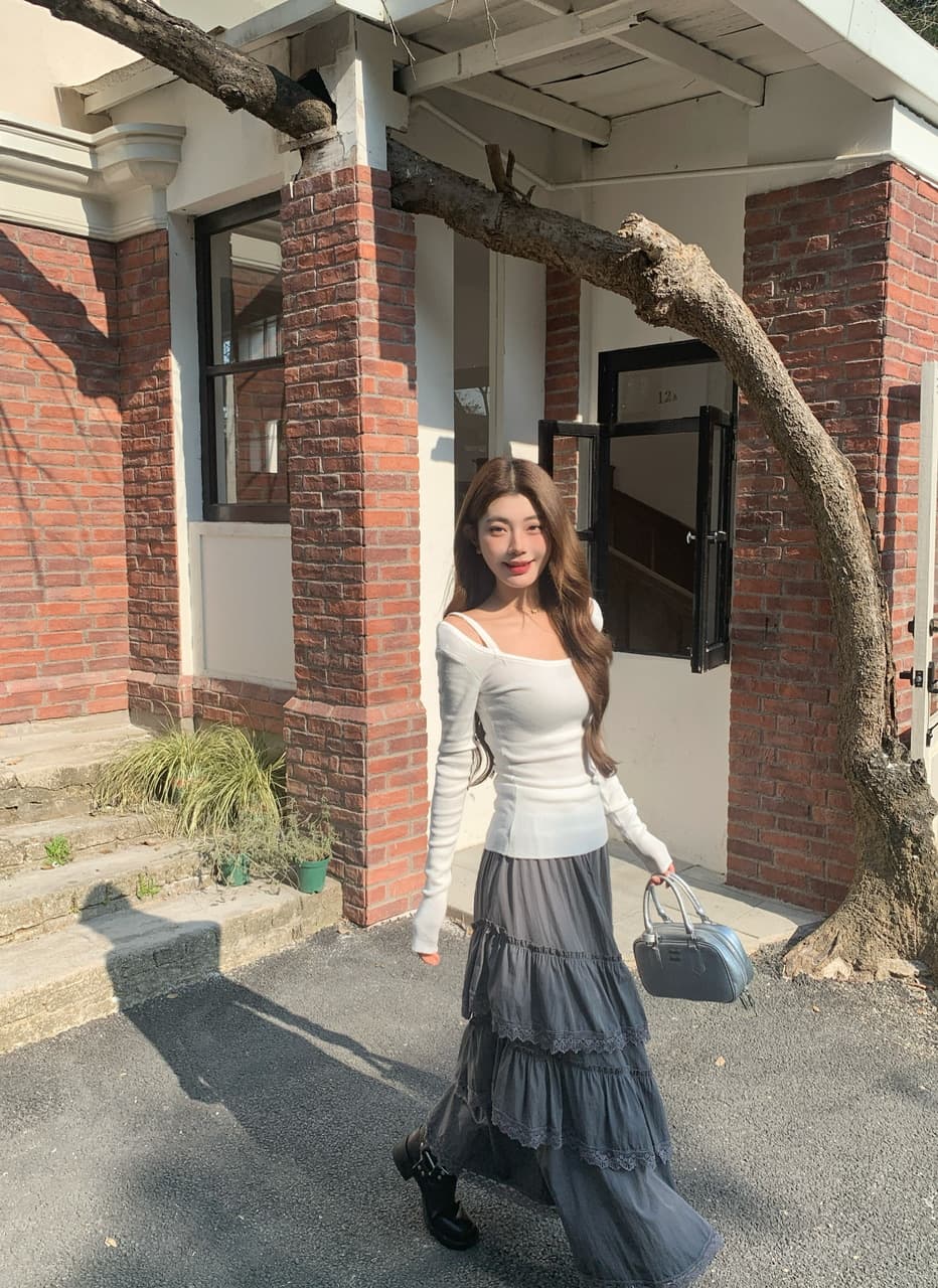 정가 실사 느긋한 몸매 가꾸기 대 u 칼라 기본 셔츠 하이웨이스트 슬림해 보이는 회색 보라색 프릴 반신 롱 스커트 상세 이미지 10