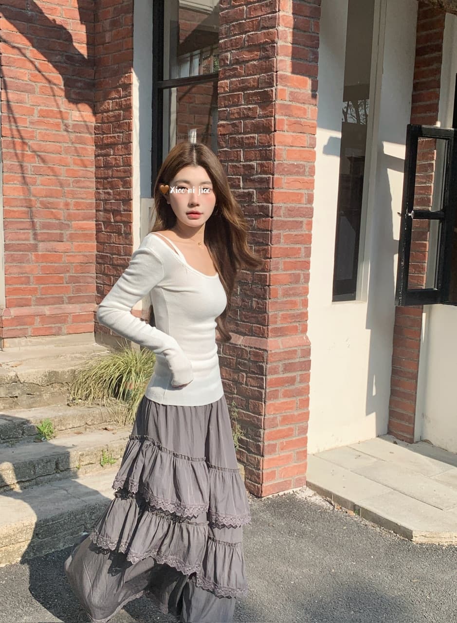 정가 실사 느긋한 몸매 가꾸기 대 u 칼라 기본 셔츠 하이웨이스트 슬림해 보이는 회색 보라색 프릴 반신 롱 스커트 상세 이미지 15