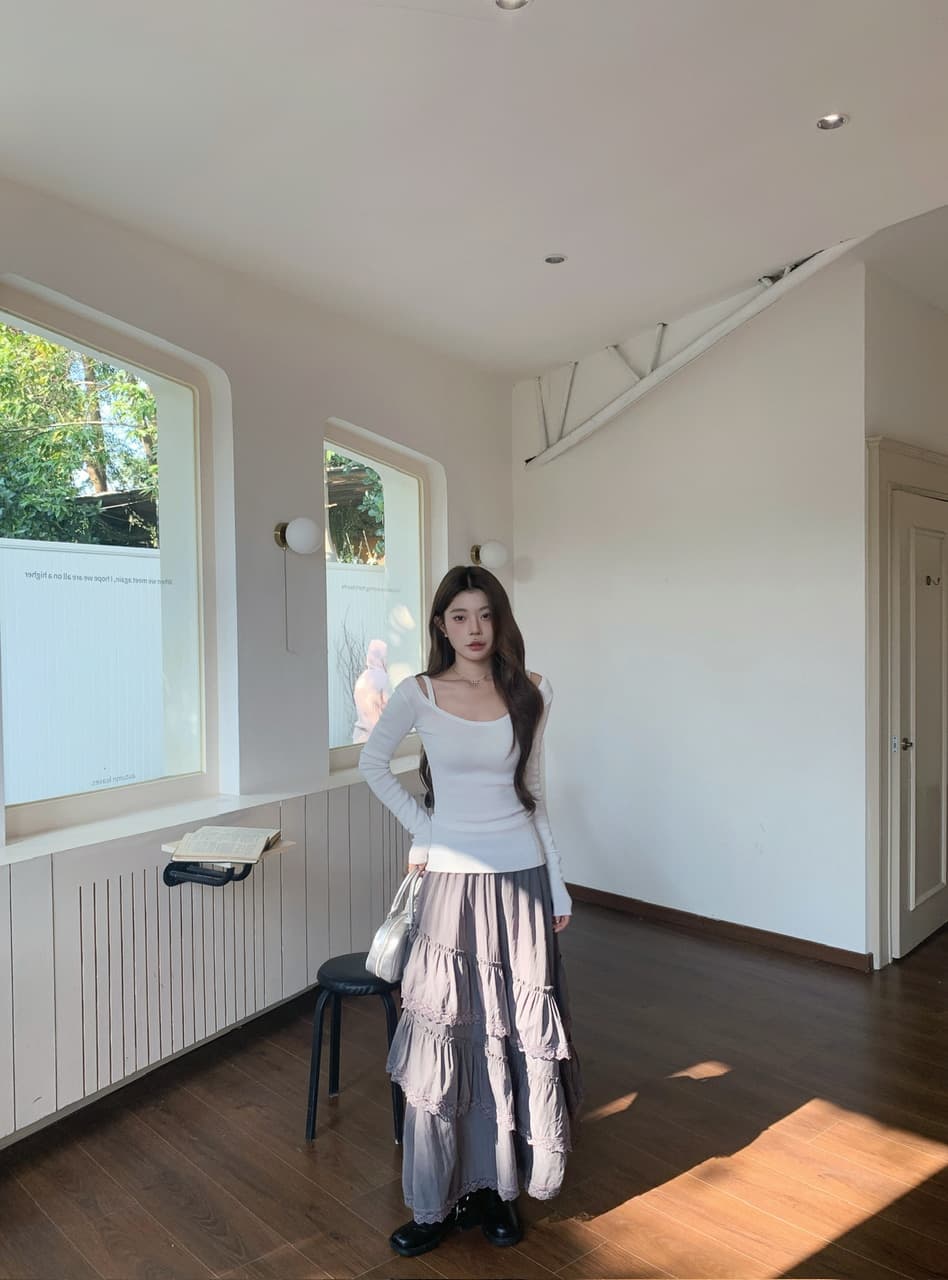 정가 실사 느긋한 몸매 가꾸기 대 u 칼라 기본 셔츠 하이웨이스트 슬림해 보이는 회색 보라색 프릴 반신 롱 스커트 상세 이미지 21