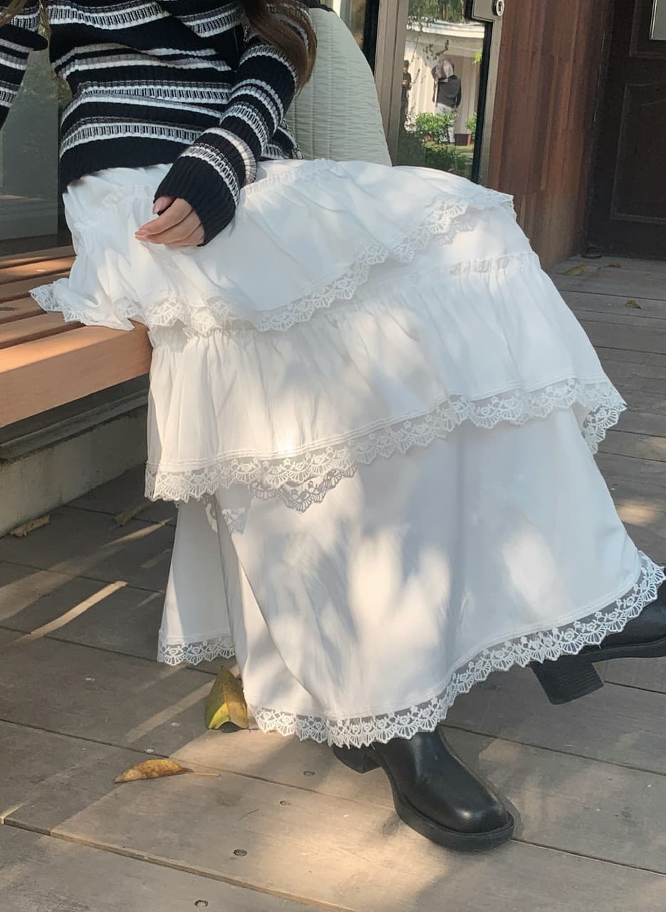 정가 실사 새로운 달콤한 차가운 바람 화이트 레이스 반신 스커트 프릴 큰 진자 롱 스커트 상세 이미지 5
