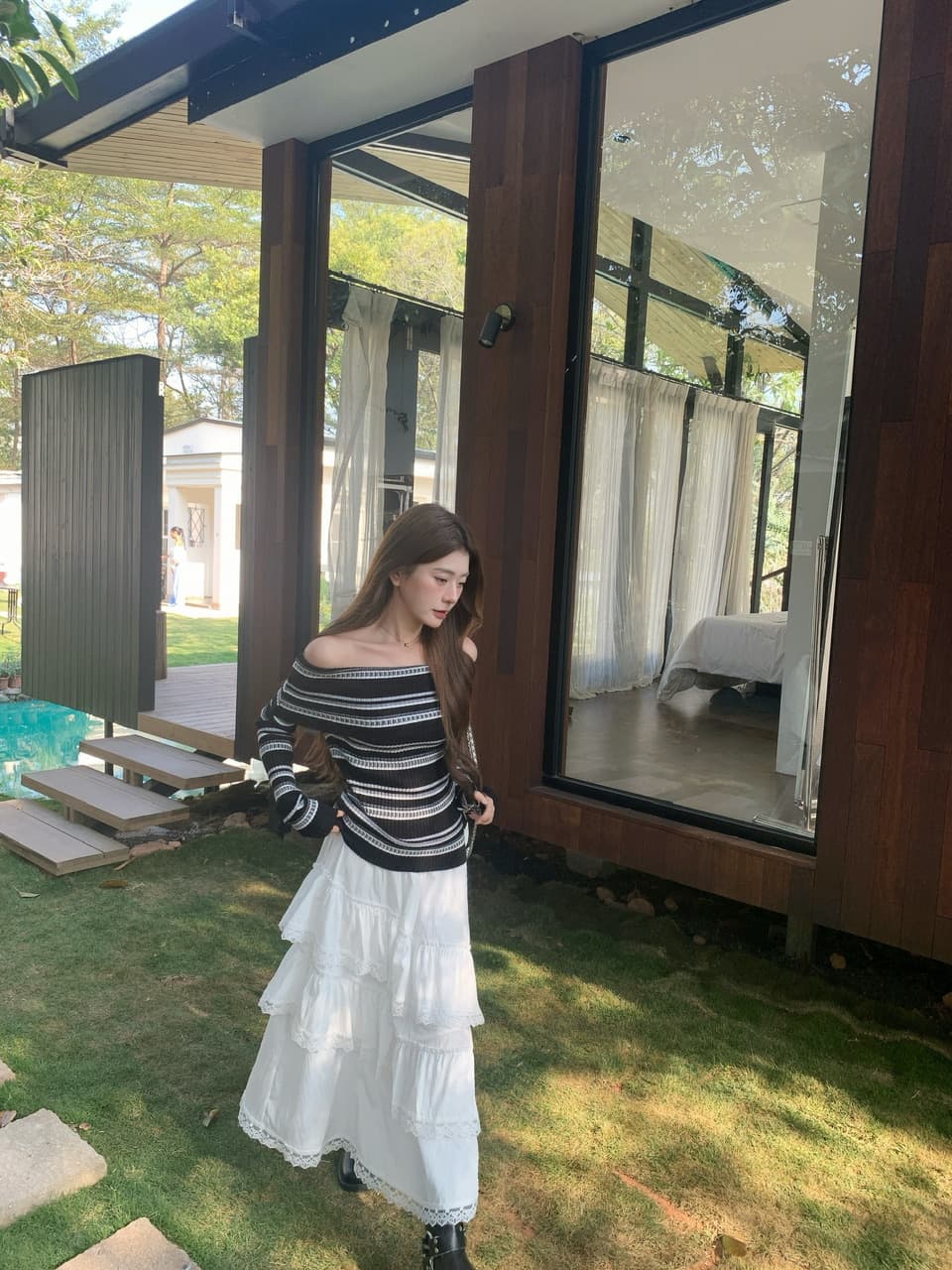정가 실사 새로운 달콤한 차가운 바람 화이트 레이스 반신 스커트 프릴 큰 진자 롱 스커트 상세 이미지 11