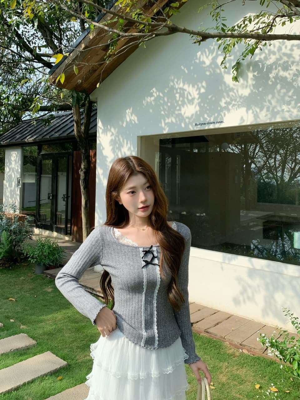 정가 실사 순수한 욕망 레이스 나비 매듭 인사이드 가져 가라. 기본 셔츠 달콤한 핫걸 몸매 가꾸기 긴팔 니트 맨위 이미지 4