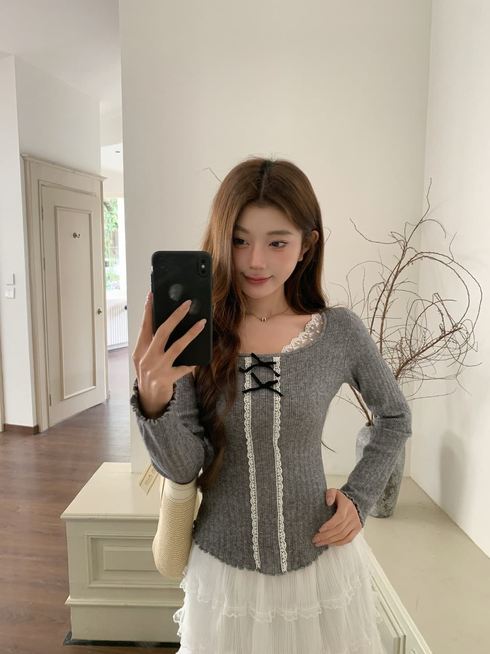 정가 실사 순수한 욕망 레이스 나비 매듭 인사이드 가져 가라. 기본 셔츠 달콤한 핫걸 몸매 가꾸기 긴팔 니트 맨위 상세 이미지 2