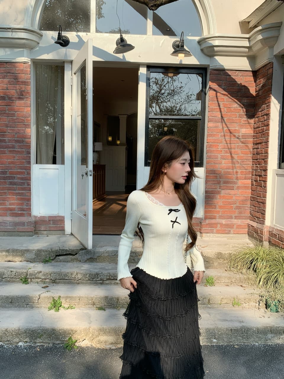 정가 실사 순수한 욕망 레이스 나비 매듭 인사이드 가져 가라. 기본 셔츠 달콤한 핫걸 몸매 가꾸기 긴팔 니트 맨위 상세 이미지 14
