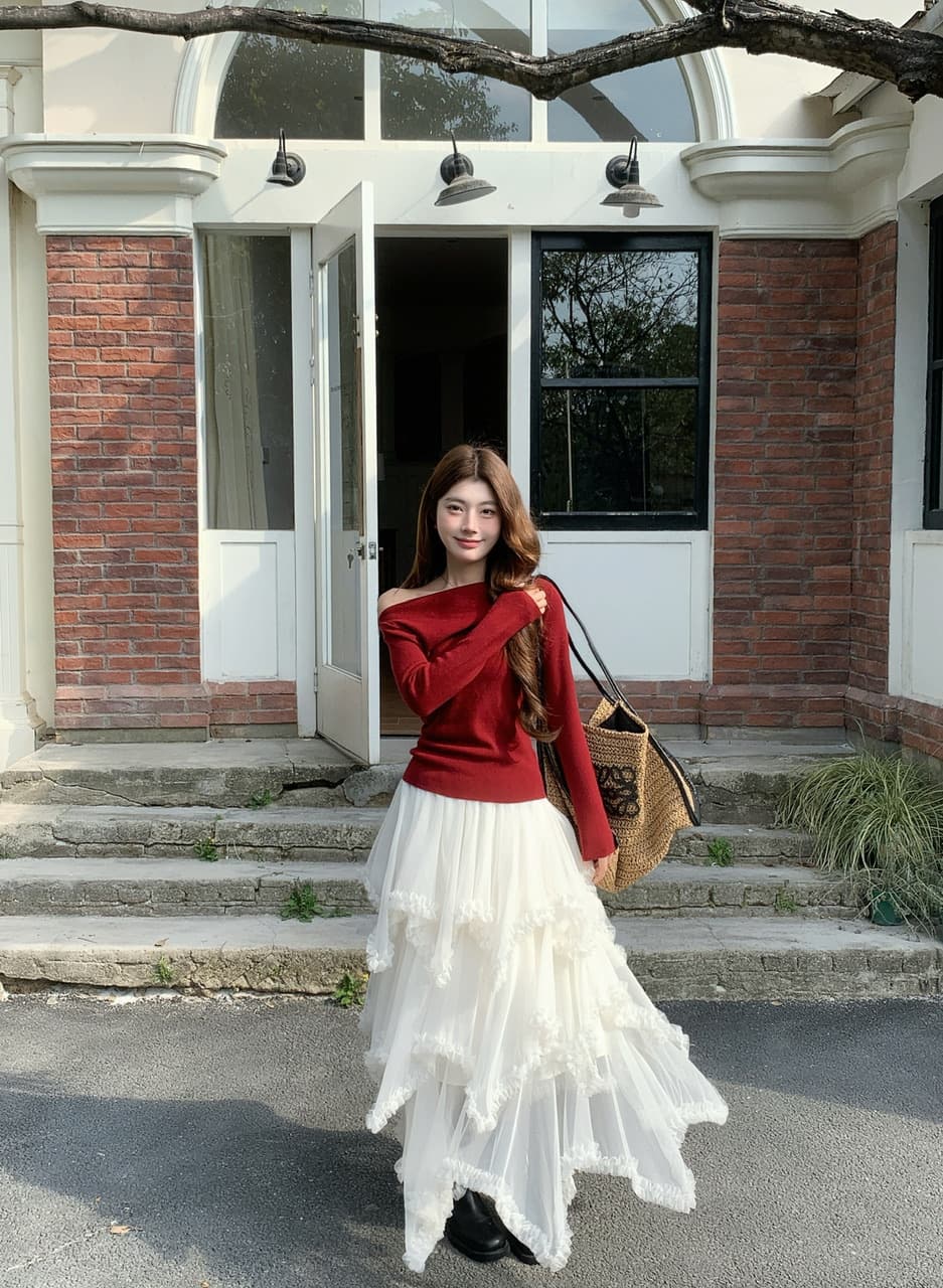 정가 실사 화이트 불규칙 망사 반신 스커트 여자 중간 롱 코트 프릴 케이크 드레스 한 마디 롱 스커트 상세 이미지 6