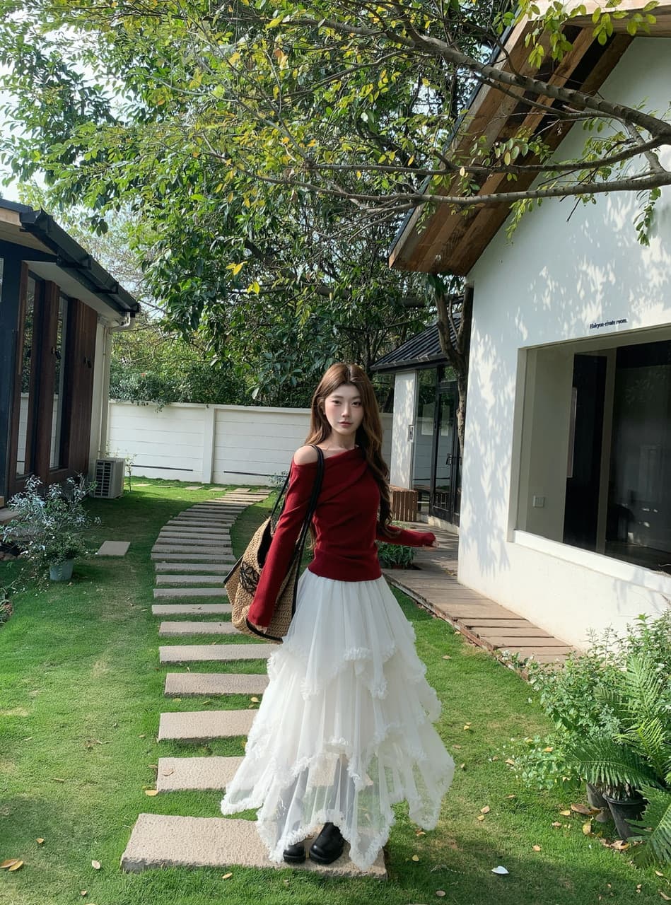 정가 실사 화이트 불규칙 망사 반신 스커트 여자 중간 롱 코트 프릴 케이크 드레스 한 마디 롱 스커트 상세 이미지 10