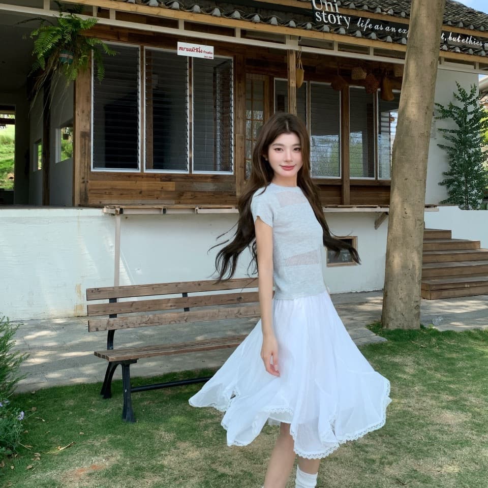 정가 실사 한 부서 부드러운 바람 화이트 거즈 스커트 하이웨이스트 슬림해 보이는 레이스 레이스 불규칙 반신 스커트 이미지 5