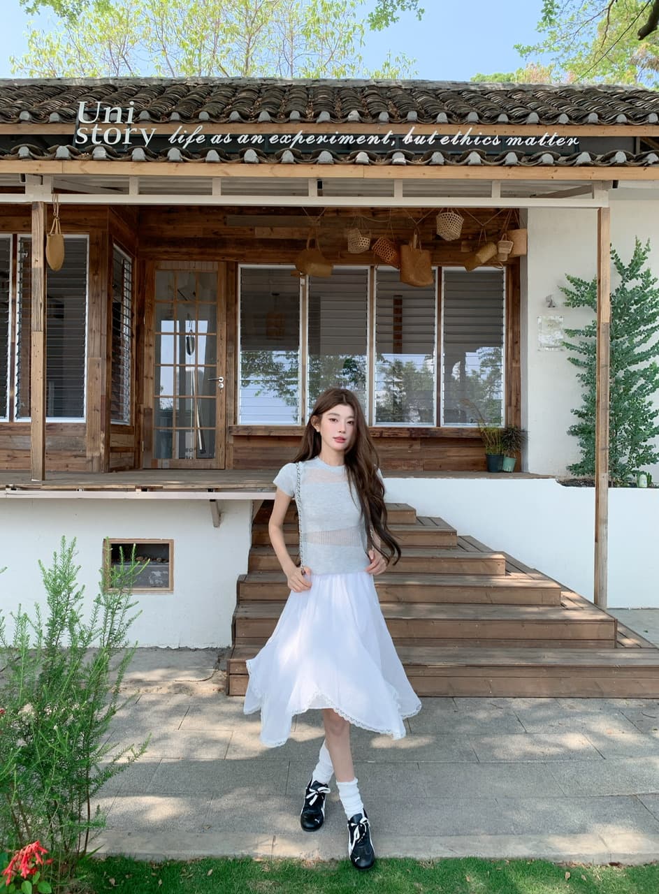 정가 실사 한 부서 부드러운 바람 화이트 거즈 스커트 하이웨이스트 슬림해 보이는 레이스 레이스 불규칙 반신 스커트 상세 이미지 2