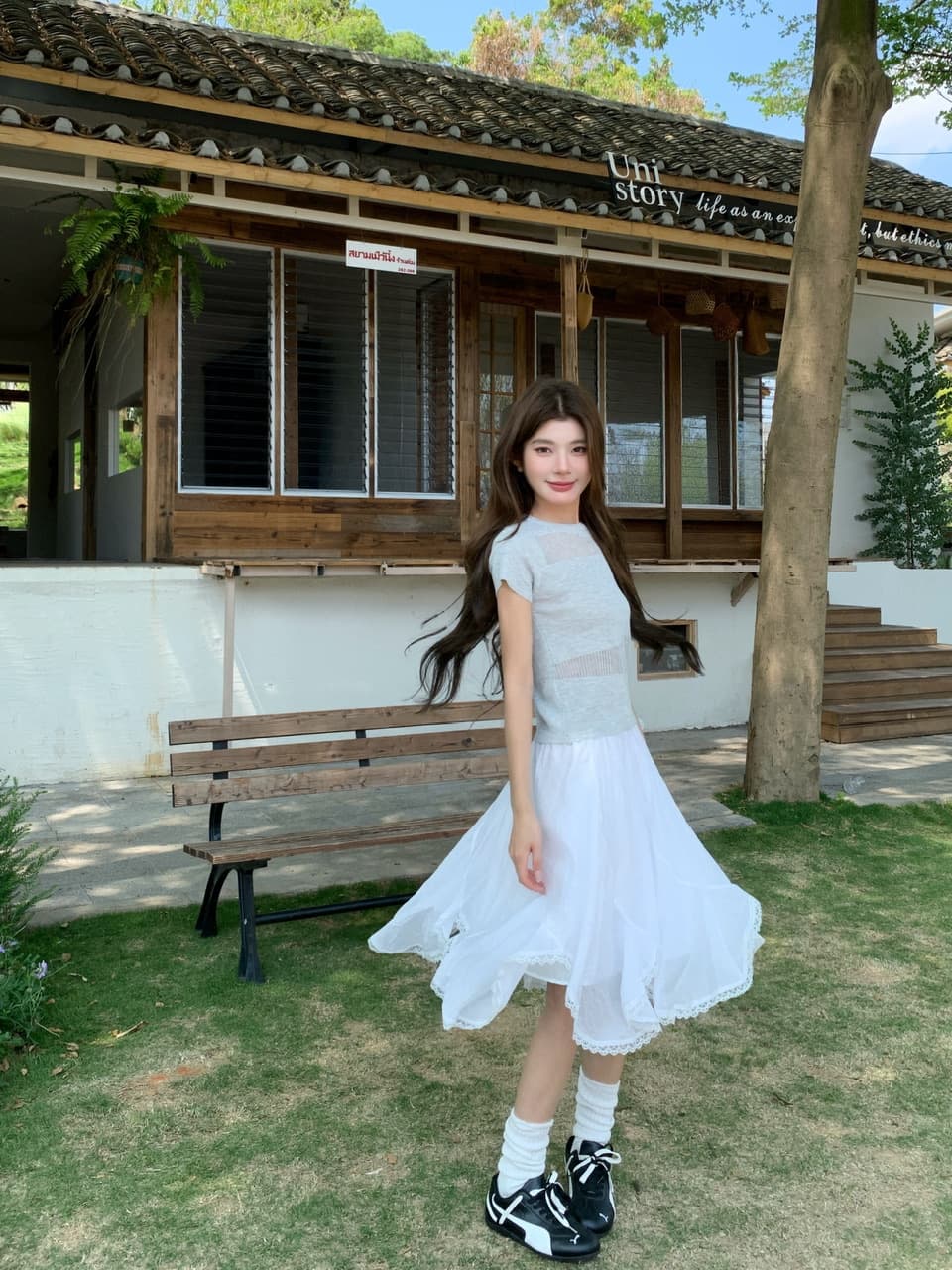 정가 실사 한 부서 부드러운 바람 화이트 거즈 스커트 하이웨이스트 슬림해 보이는 레이스 레이스 불규칙 반신 스커트 상세 이미지 6