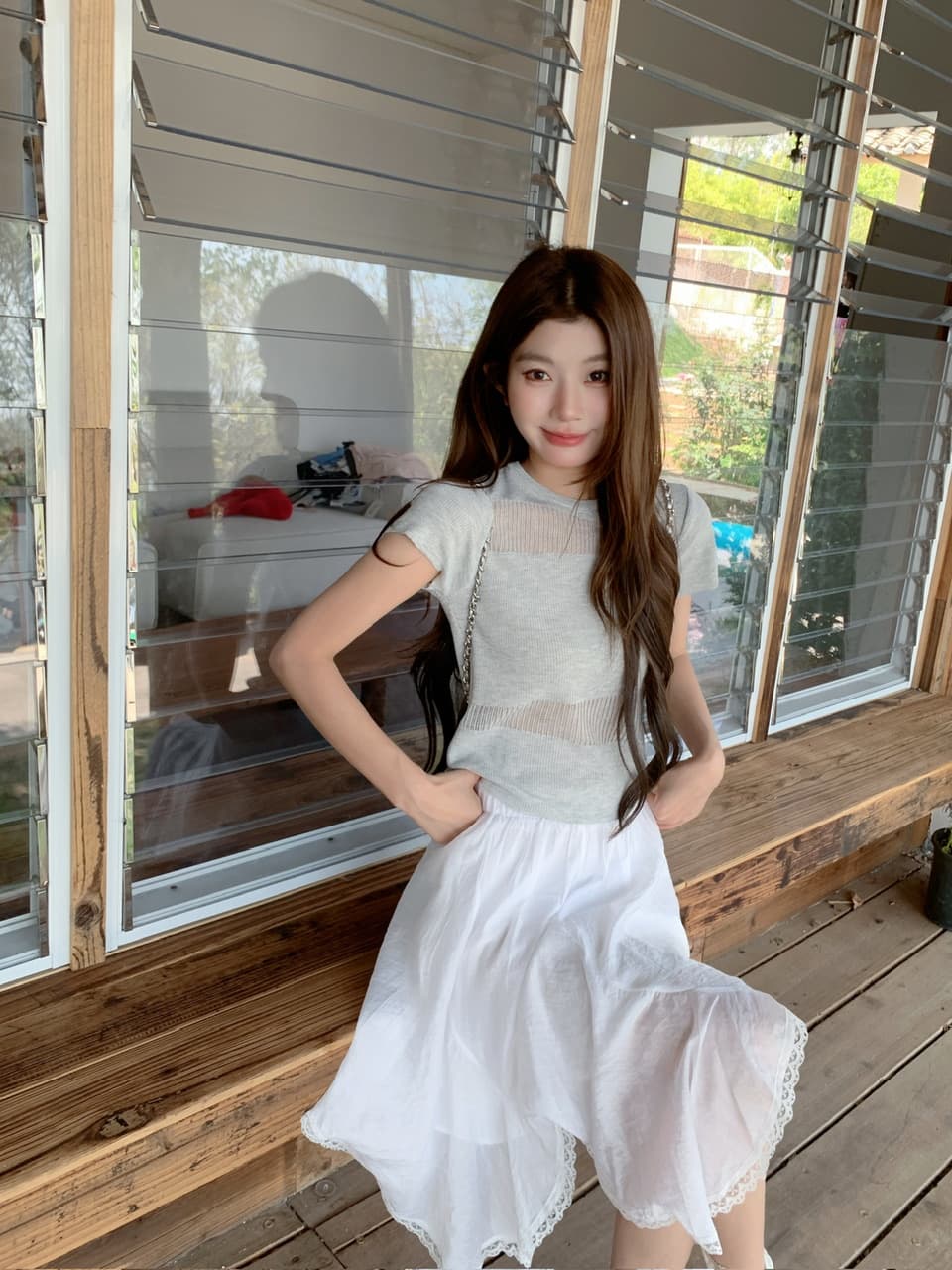 정가 실사 한 부서 부드러운 바람 화이트 거즈 스커트 하이웨이스트 슬림해 보이는 레이스 레이스 불규칙 반신 스커트 상세 이미지 9