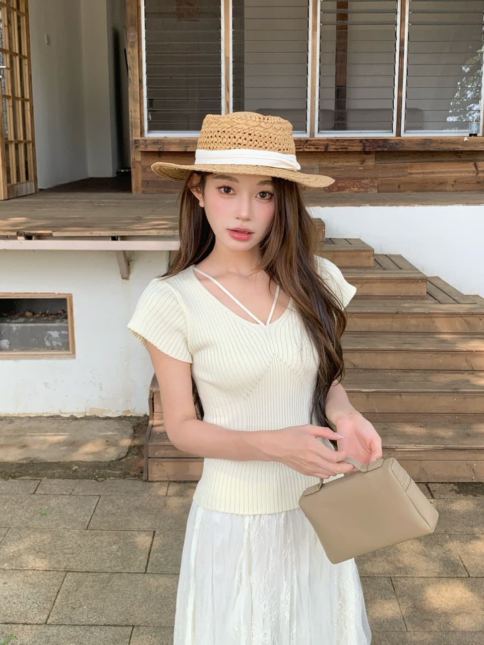 정가 실사 한 부서 느슨함 센스 착용 가져 가라. 우유 살구 색상 V넥 니트 스웨터 요정 가스 레이스 큰 진자 롱 스커트 세트 이미지 2
