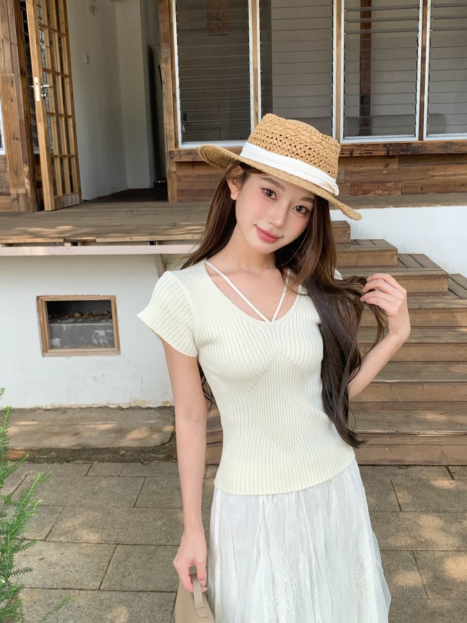 정가 실사 한 부서 느슨함 센스 착용 가져 가라. 우유 살구 색상 V넥 니트 스웨터 요정 가스 레이스 큰 진자 롱 스커트 세트 상세 이미지 24