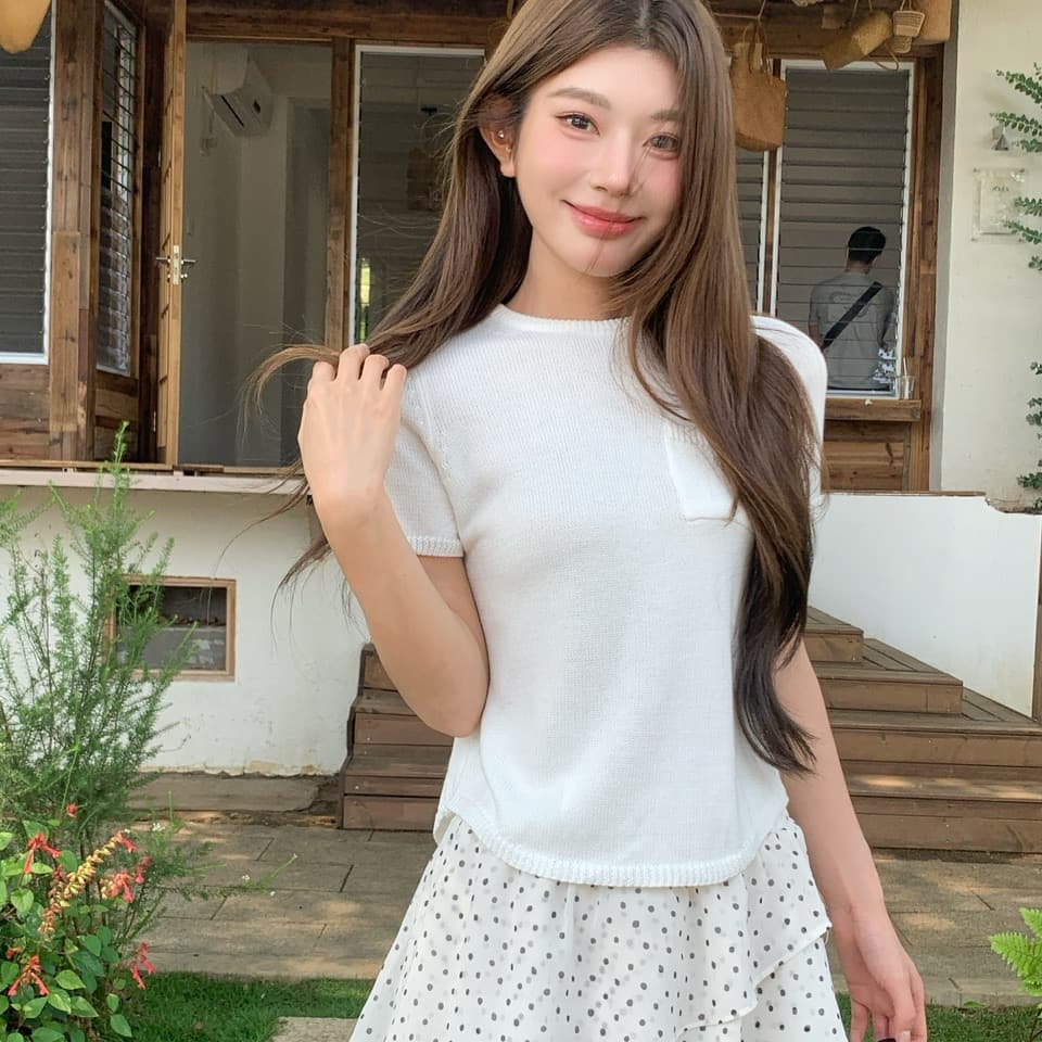정가 실사 한 부서 부드러운 바람 화이트 니트 반팔 도트 무늬 프릴 반신 스커트 출퇴근 다용도 세트 이미지 6