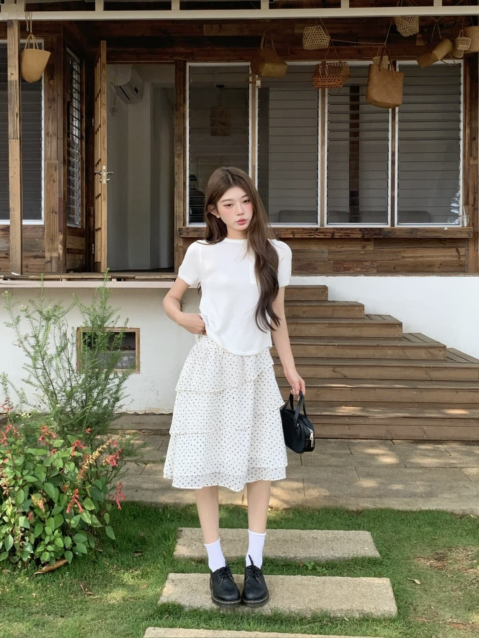 정가 실사 한 부서 부드러운 바람 화이트 니트 반팔 도트 무늬 프릴 반신 스커트 출퇴근 다용도 세트 상세 이미지 1