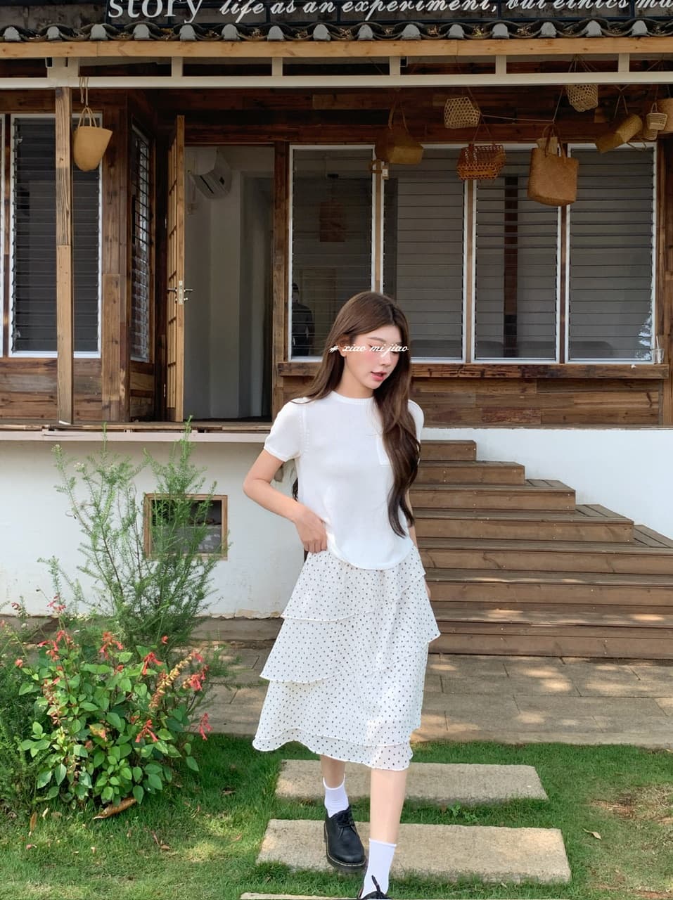 정가 실사 한 부서 부드러운 바람 화이트 니트 반팔 도트 무늬 프릴 반신 스커트 출퇴근 다용도 세트 상세 이미지 11