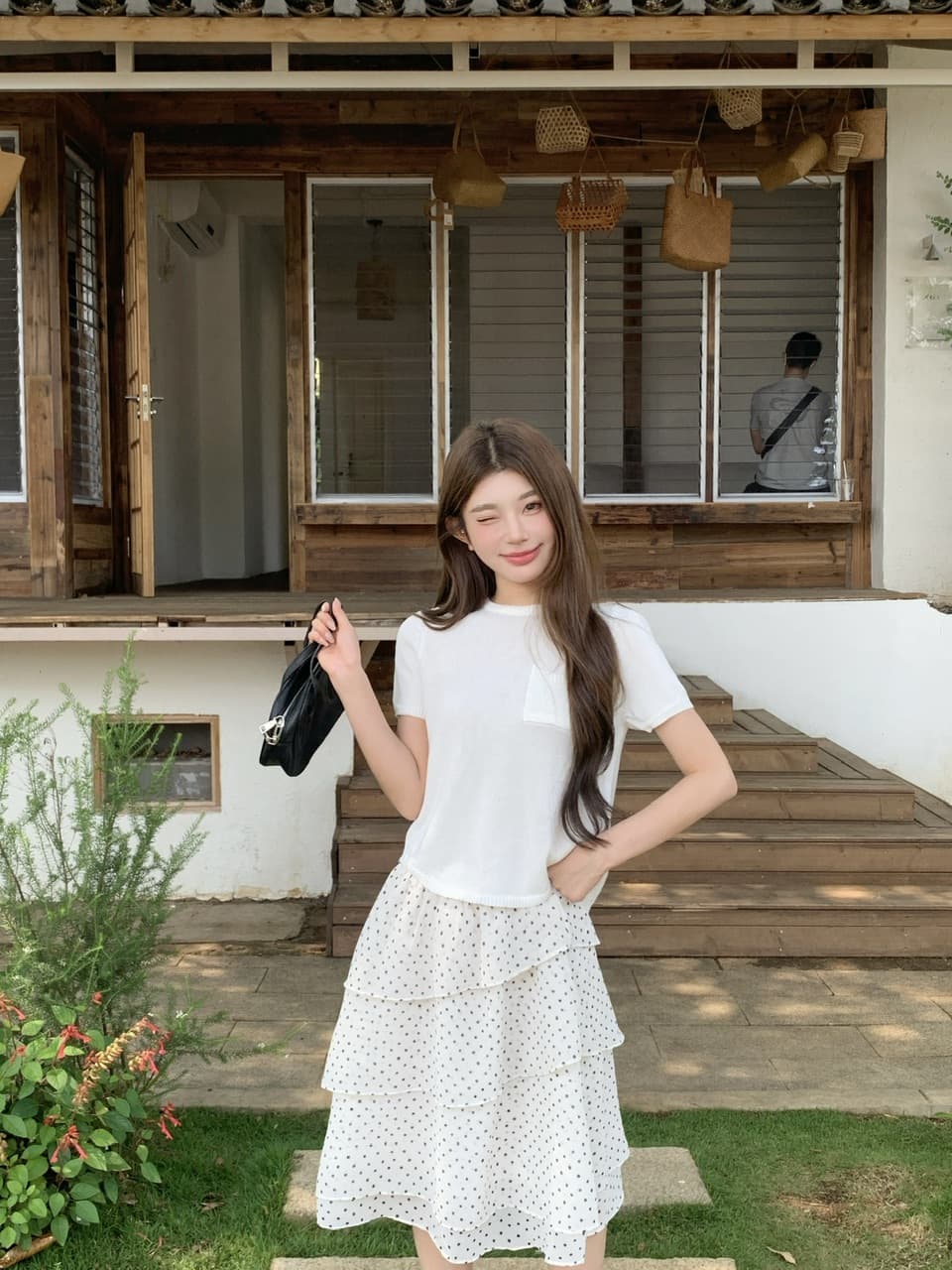 정가 실사 한 부서 부드러운 바람 화이트 니트 반팔 도트 무늬 프릴 반신 스커트 출퇴근 다용도 세트 상세 이미지 14