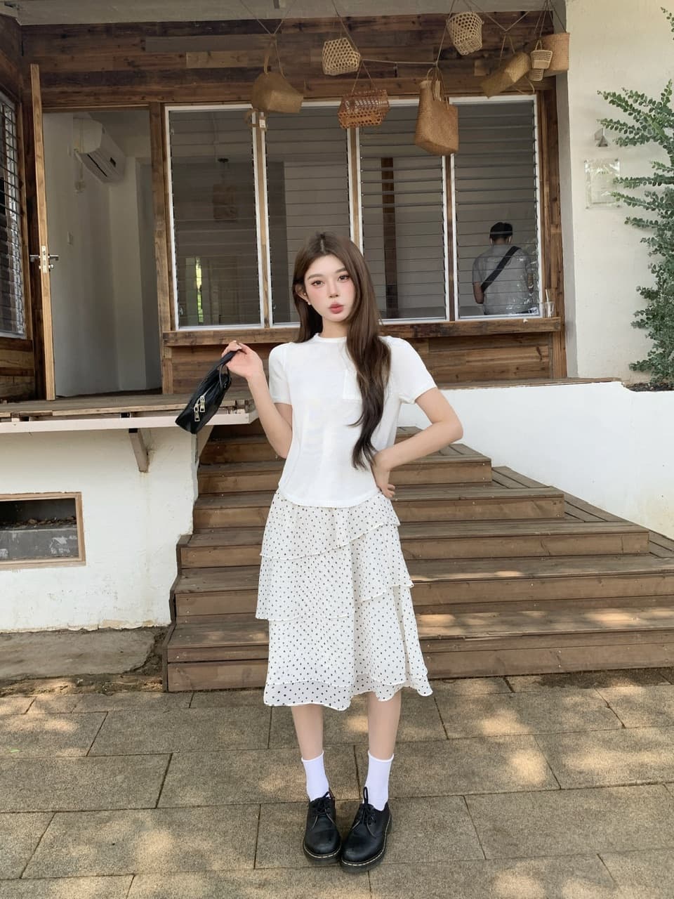 정가 실사 한 부서 부드러운 바람 화이트 니트 반팔 도트 무늬 프릴 반신 스커트 출퇴근 다용도 세트 상세 이미지 15