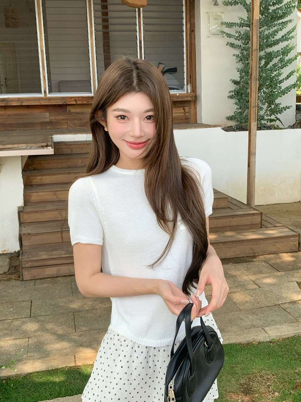 정가 실사 한 부서 부드러운 바람 화이트 니트 반팔 도트 무늬 프릴 반신 스커트 출퇴근 다용도 세트 상세 이미지 18