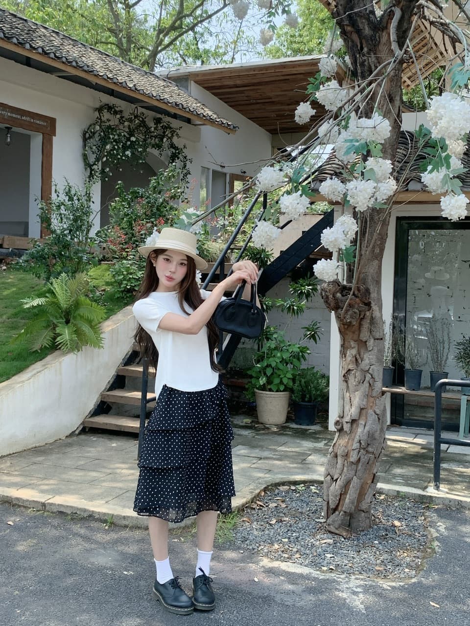 정가 실사 한 부서 부드러운 바람 화이트 니트 반팔 도트 무늬 프릴 반신 스커트 출퇴근 다용도 세트 상세 이미지 36
