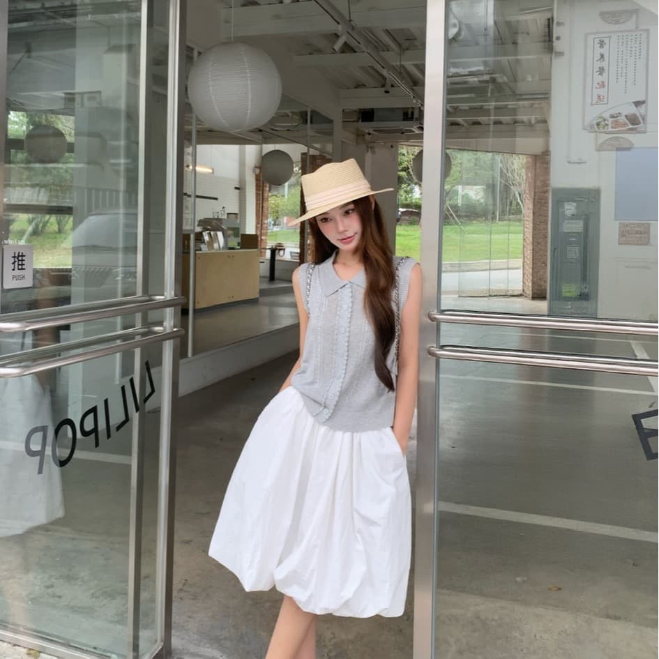 정가 실사 POLO 칼라 레이스 니트 베스트 하이웨이스트 화이트 꽃밭 랜턴 치마 한 부서 느슨함 센스 착용 가져 가라. 이미지 6