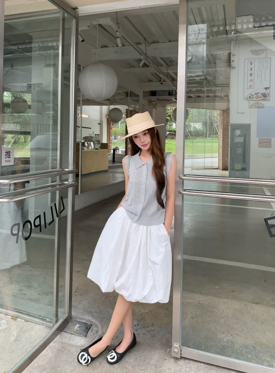 정가 실사 POLO 칼라 레이스 니트 베스트 하이웨이스트 화이트 꽃밭 랜턴 치마 한 부서 느슨함 센스 착용 가져 가라. 상세 이미지 1
