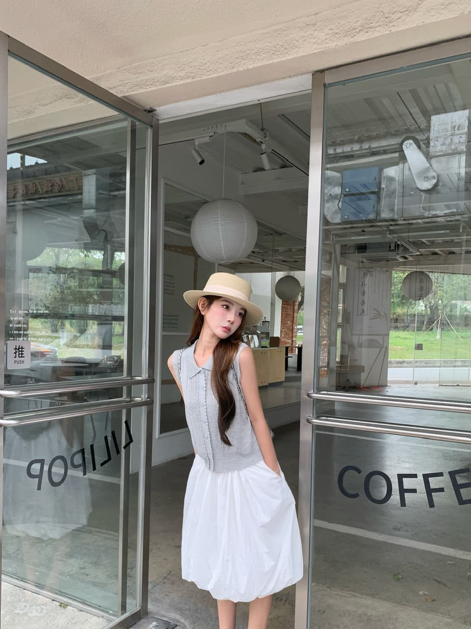 정가 실사 POLO 칼라 레이스 니트 베스트 하이웨이스트 화이트 꽃밭 랜턴 치마 한 부서 느슨함 센스 착용 가져 가라. 상세 이미지 4