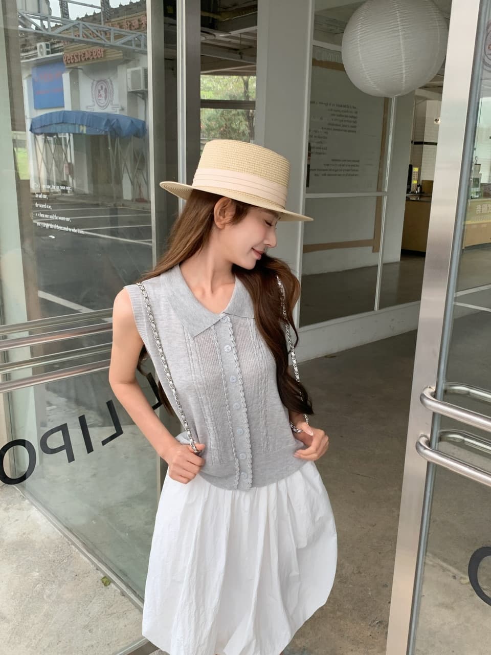 정가 실사 POLO 칼라 레이스 니트 베스트 하이웨이스트 화이트 꽃밭 랜턴 치마 한 부서 느슨함 센스 착용 가져 가라. 상세 이미지 5