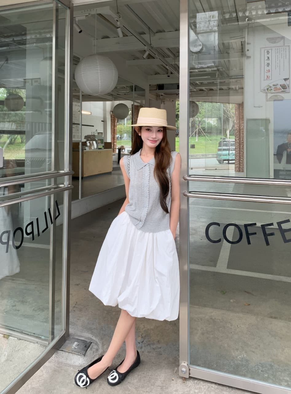 정가 실사 POLO 칼라 레이스 니트 베스트 하이웨이스트 화이트 꽃밭 랜턴 치마 한 부서 느슨함 센스 착용 가져 가라. 상세 이미지 10