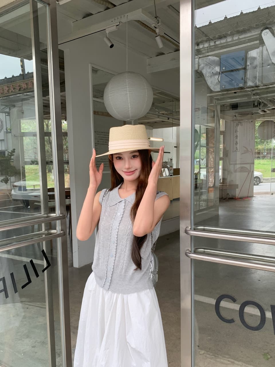 정가 실사 POLO 칼라 레이스 니트 베스트 하이웨이스트 화이트 꽃밭 랜턴 치마 한 부서 느슨함 센스 착용 가져 가라. 상세 이미지 11