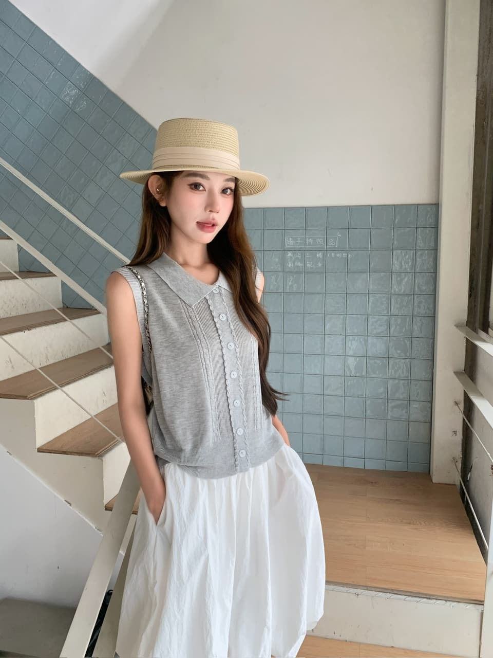 정가 실사 POLO 칼라 레이스 니트 베스트 하이웨이스트 화이트 꽃밭 랜턴 치마 한 부서 느슨함 센스 착용 가져 가라. 상세 이미지 17