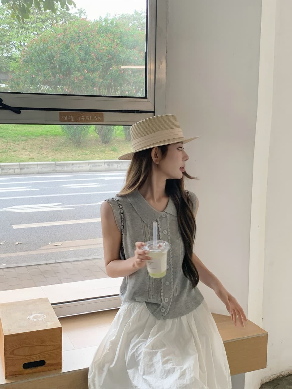정가 실사 POLO 칼라 레이스 니트 베스트 하이웨이스트 화이트 꽃밭 랜턴 치마 한 부서 느슨함 센스 착용 가져 가라. 상세 이미지 21