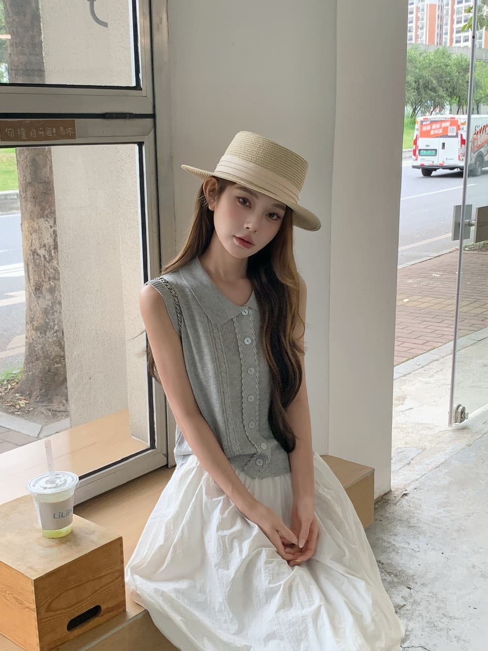 정가 실사 POLO 칼라 레이스 니트 베스트 하이웨이스트 화이트 꽃밭 랜턴 치마 한 부서 느슨함 센스 착용 가져 가라. 상세 이미지 24