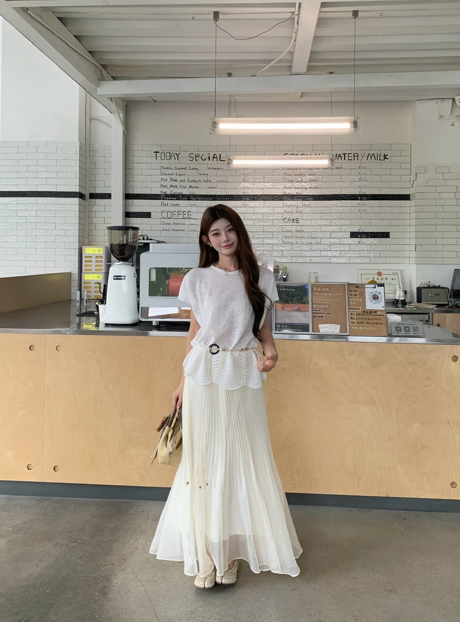 정가 실사 한 부서 여성 주님 분위기 센스 착용 가져 가라. 느슨함 센스 베이지 색 니트 베이지 색 플리츠 큰 진자 롱 스커트 상세 이미지 3