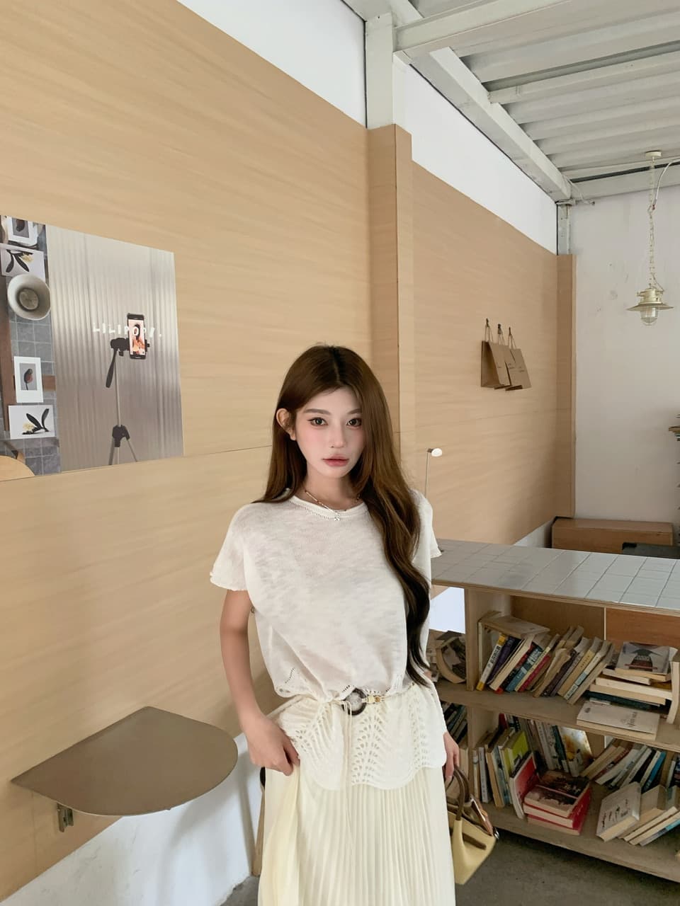 정가 실사 한 부서 여성 주님 분위기 센스 착용 가져 가라. 느슨함 센스 베이지 색 니트 베이지 색 플리츠 큰 진자 롱 스커트 상세 이미지 26