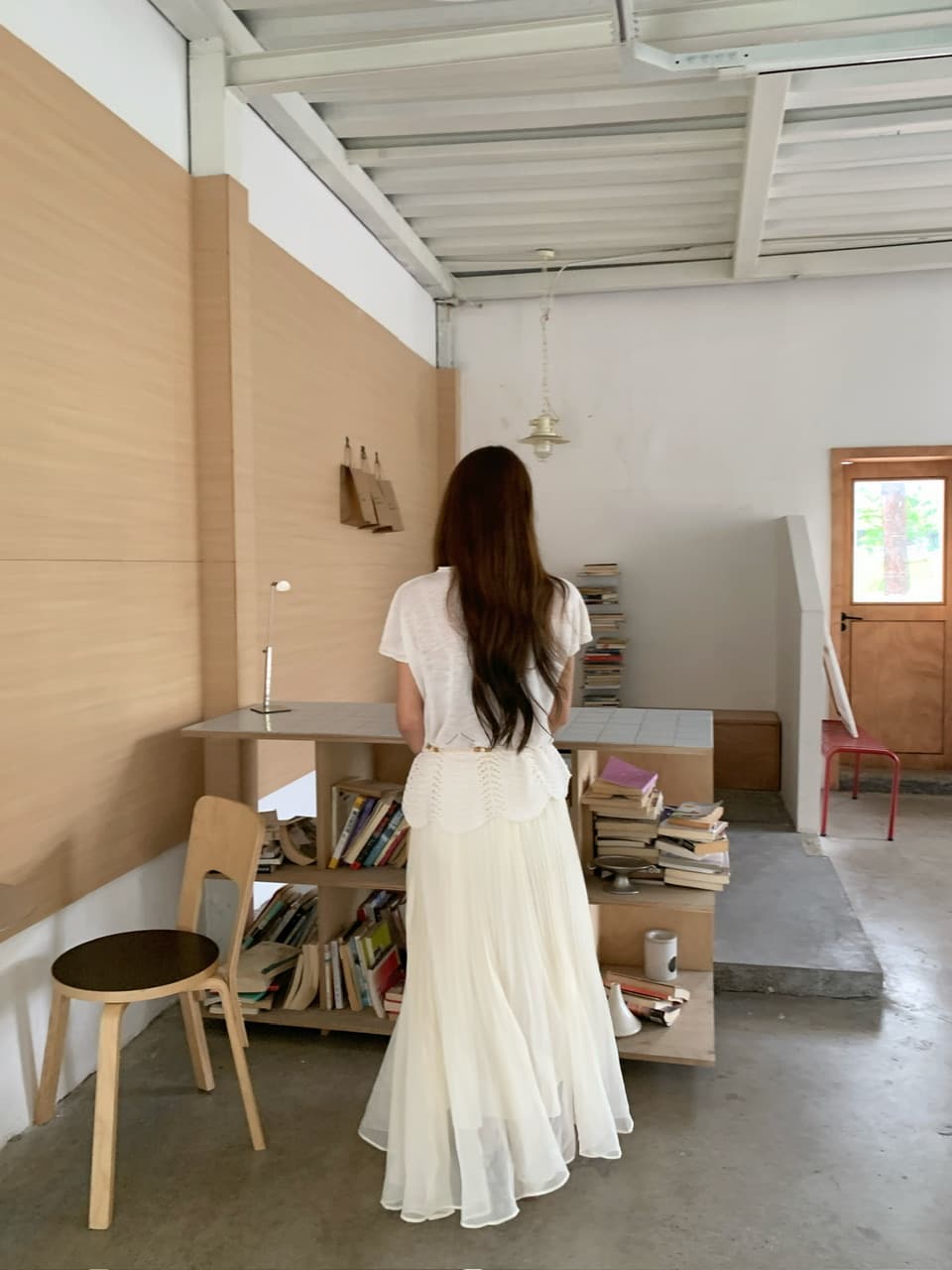 정가 실사 한 부서 여성 주님 분위기 센스 착용 가져 가라. 느슨함 센스 베이지 색 니트 베이지 색 플리츠 큰 진자 롱 스커트 상세 이미지 41