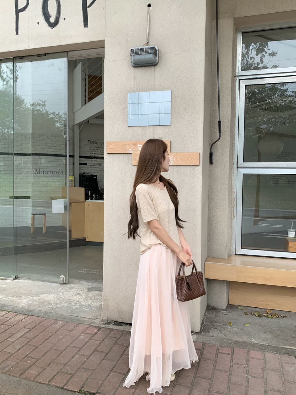 정가 실사 분위기 센스 우유 살구 얇은 스타일 니트 맨위 라이트 핑크 하이웨이스트 망사 반신 스커트 표지 고기 세트 상세 이미지 3