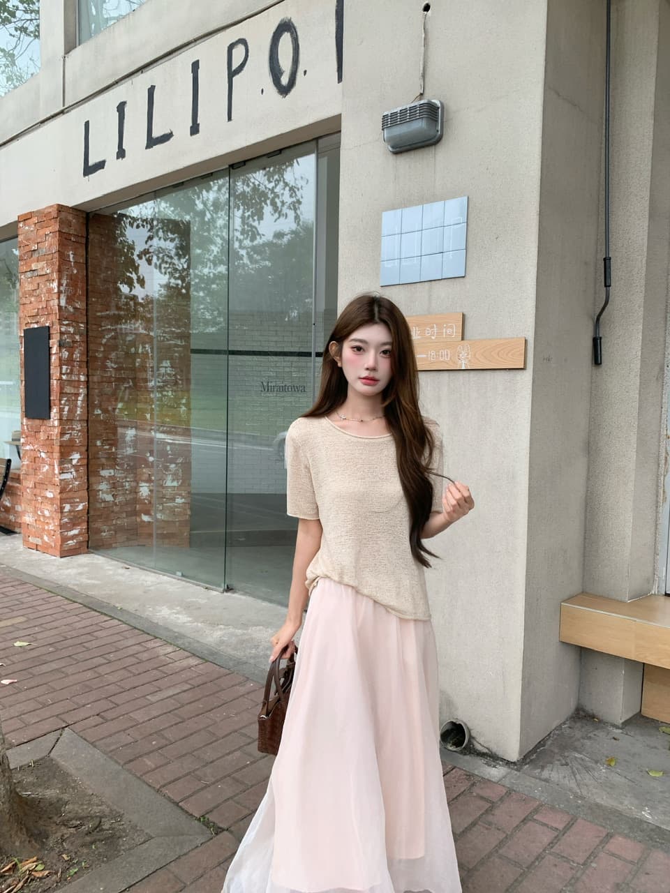 정가 실사 분위기 센스 우유 살구 얇은 스타일 니트 맨위 라이트 핑크 하이웨이스트 망사 반신 스커트 표지 고기 세트 상세 이미지 11