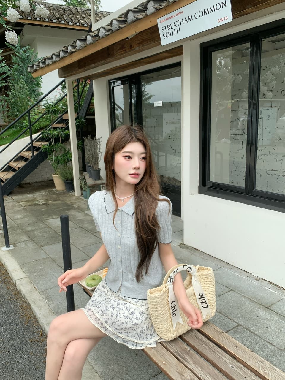 정가 실사 한 부서 부드러운 바람 베이비 칼라 니트 반팔 작은 키 꽃무늬 케이크 드레스 투피스 세트 이미지 3