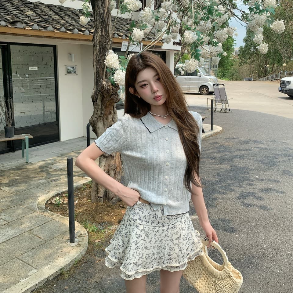 정가 실사 한 부서 부드러운 바람 베이비 칼라 니트 반팔 작은 키 꽃무늬 케이크 드레스 투피스 세트 이미지 5