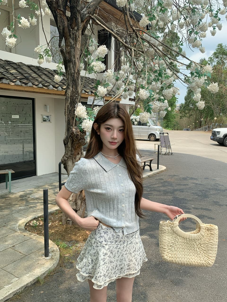 정가 실사 한 부서 부드러운 바람 베이비 칼라 니트 반팔 작은 키 꽃무늬 케이크 드레스 투피스 세트 상세 이미지 1