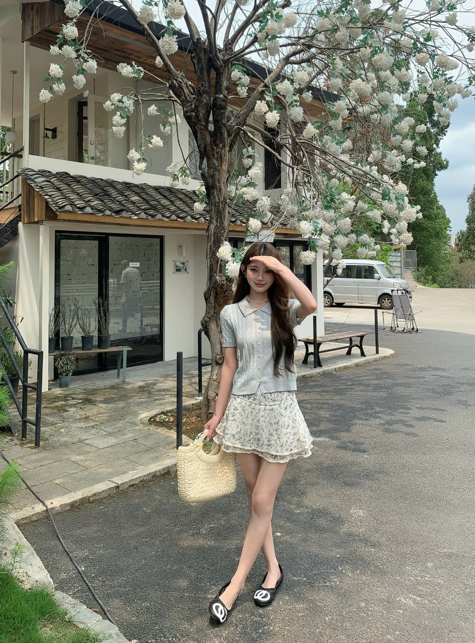 정가 실사 한 부서 부드러운 바람 베이비 칼라 니트 반팔 작은 키 꽃무늬 케이크 드레스 투피스 세트 상세 이미지 2
