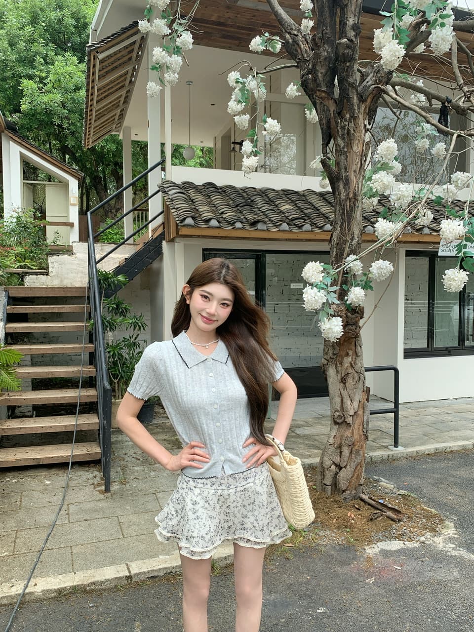 정가 실사 한 부서 부드러운 바람 베이비 칼라 니트 반팔 작은 키 꽃무늬 케이크 드레스 투피스 세트 상세 이미지 4